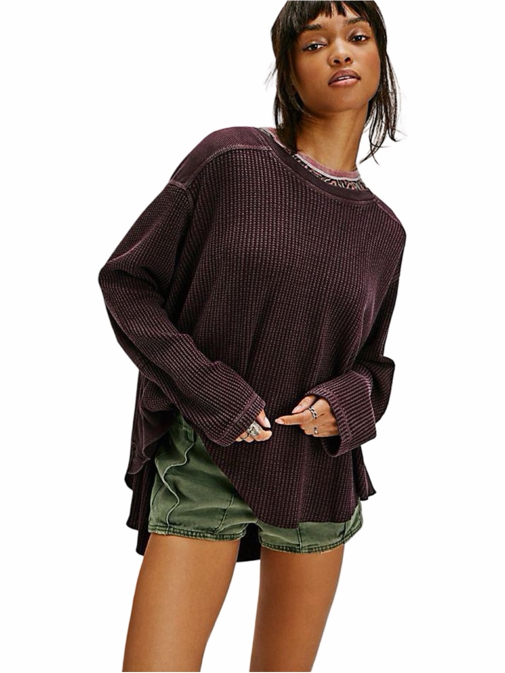 Free People FP One Oversized Waffle-Knit Pullover in Plum